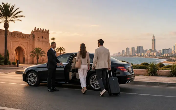Taxi Marrakech Casablanca avec chauffeur privé, véhicule confortable et bagages pour un transfert direct vers Casablanca