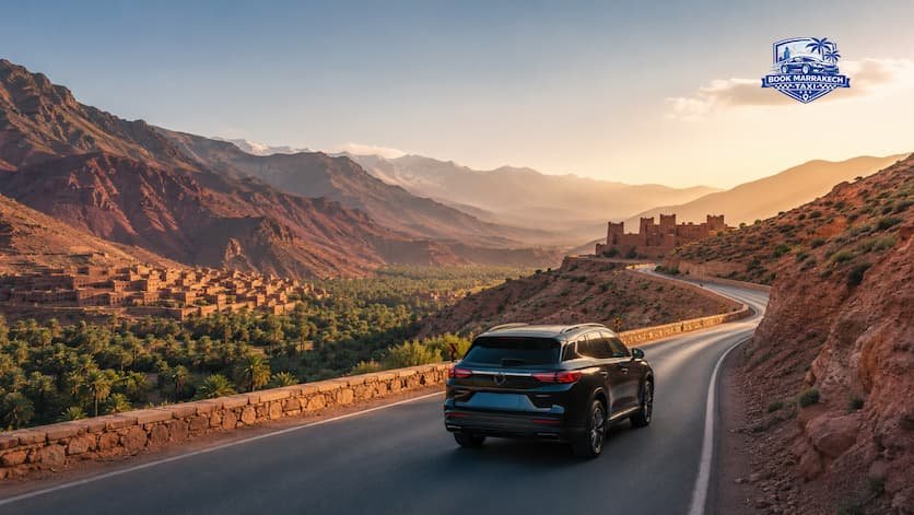 Taxi Marrakech Ouarzazate avec véhicule privé sur la route montagneuse du Haut Atlas vers Ouarzazate