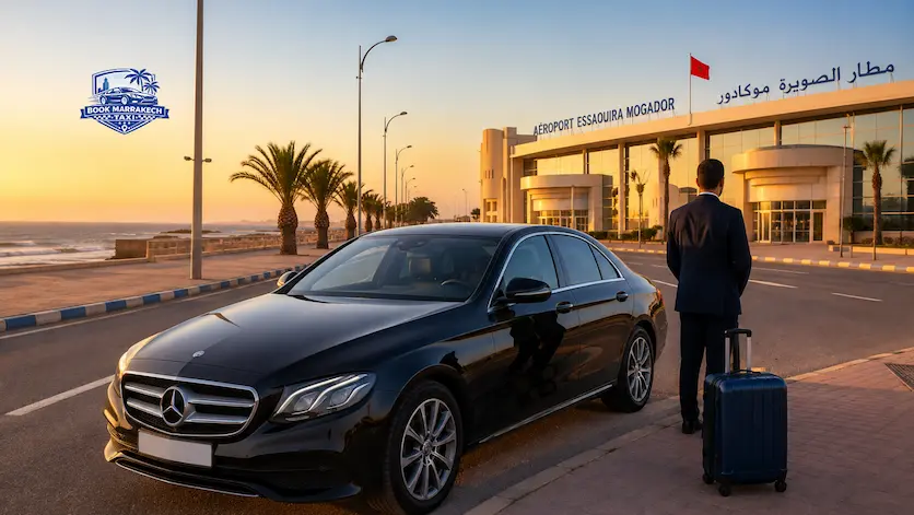 Taxi aéroport Essaouira avec chauffeur privé devant l’Aéroport Essaouira-Mogador ESU